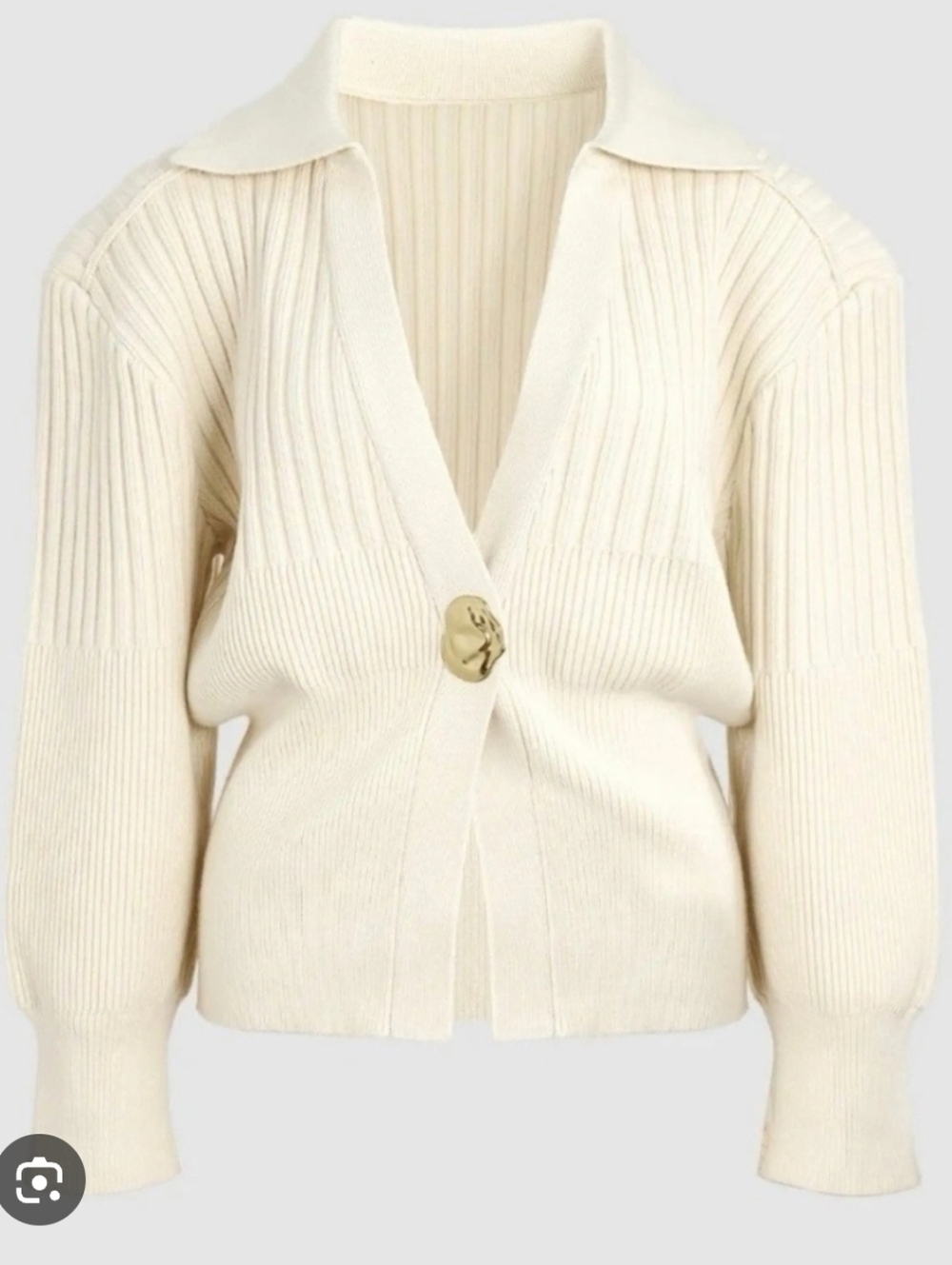 URBAN REVIVO Cream Ribbed V-Neck Collared Sweater Cardigan with Gold Button
